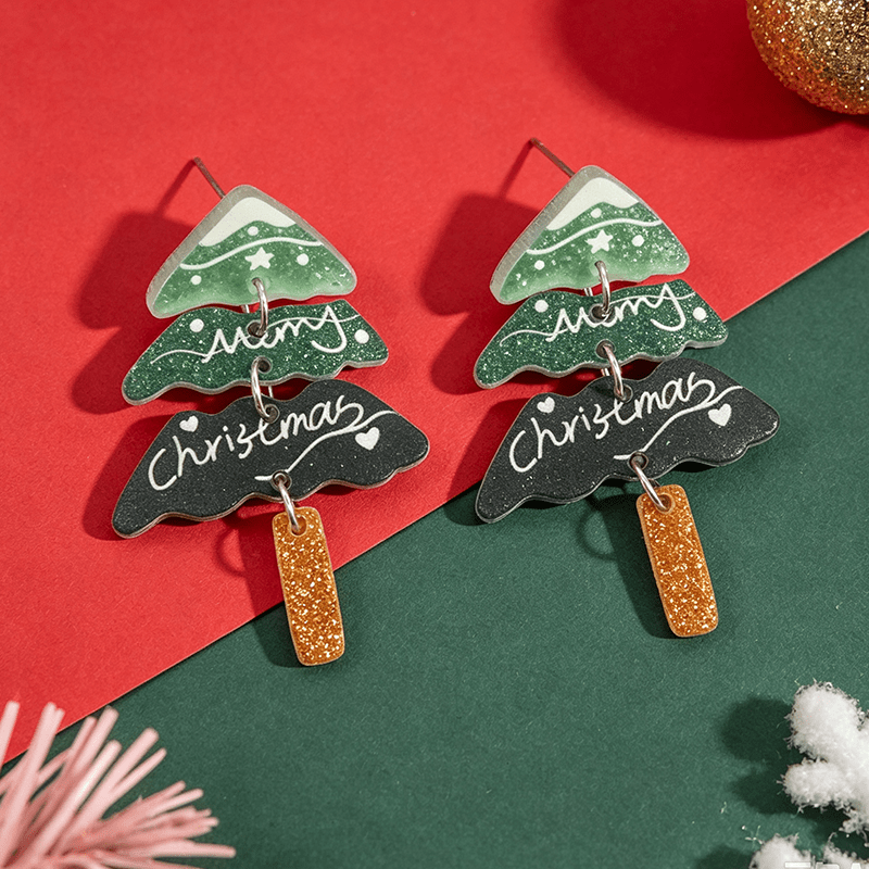 Multi-Layer Green Christmas Tree Earrings, Festive Gift